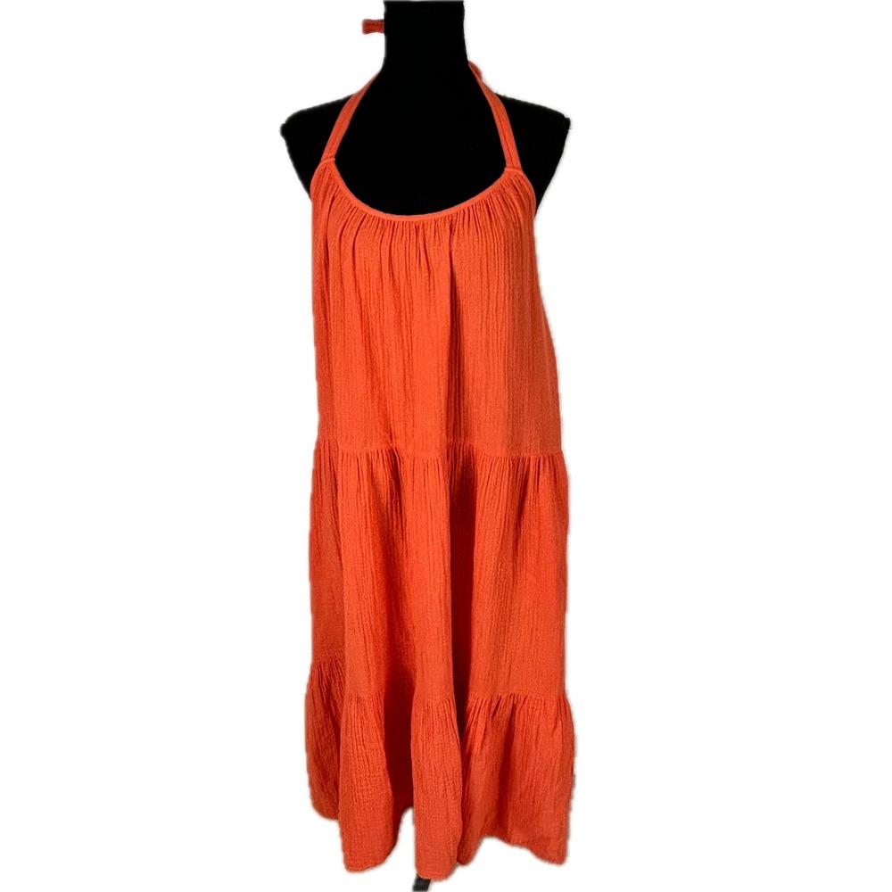 Xirena Reagen Dress Tigerlily Orange Cotton Gauze Tiered Halter Midi X234005 NEW
